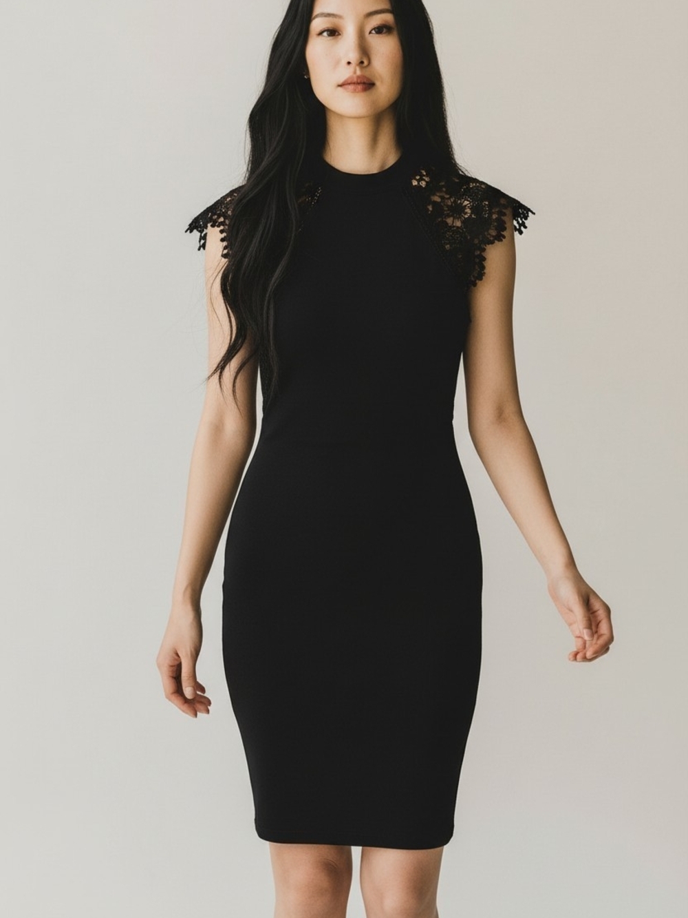 IRIS Black Bodycon Dress Crocheted Lace Keyhole Back Size Small